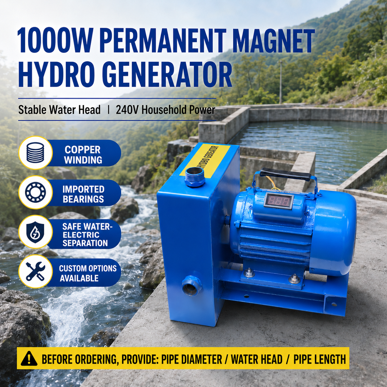 1kW custom permanent magnet hydropower generator set